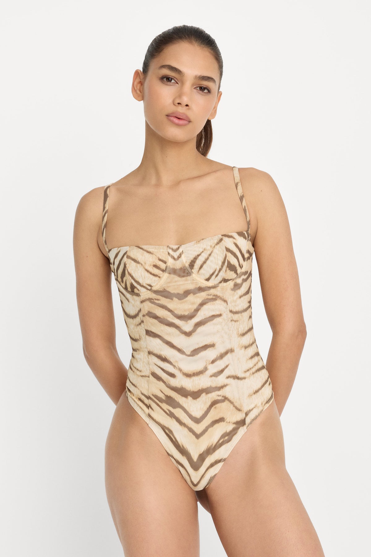 MESH BUSTIER BODYSUIT | BROWN TIGER