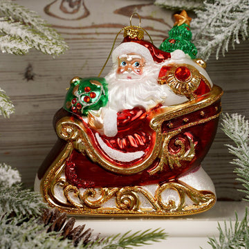 Glass Santa In Sleigh Ornament