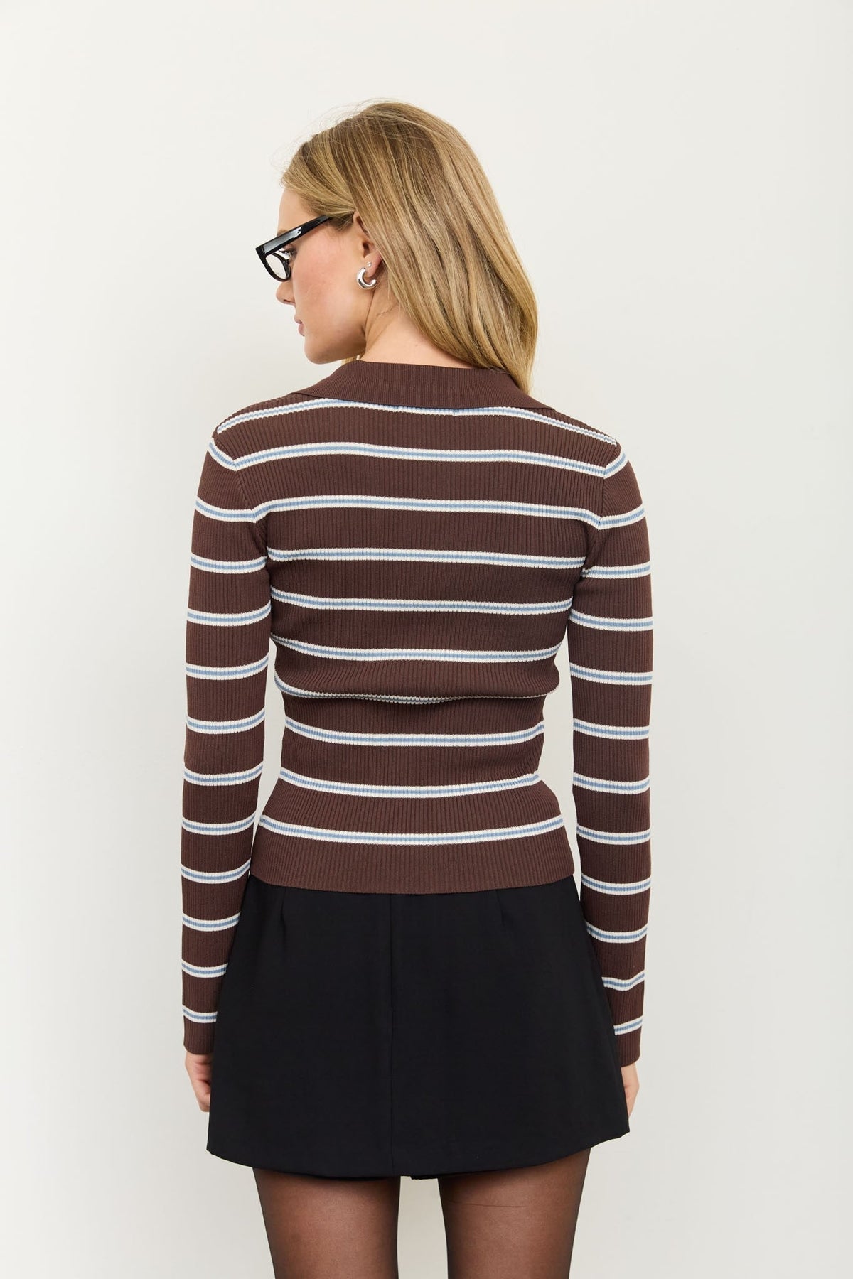 STRIPE SNAP BUTTON RIBBED POLO KNIT SWEATER TOP