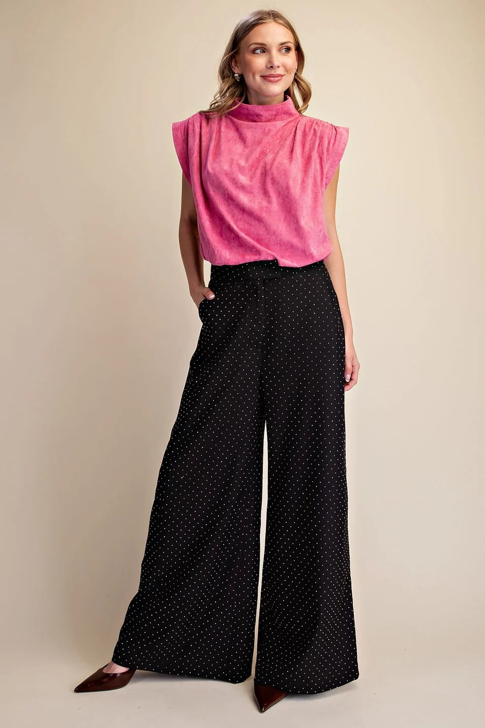 RHINESTONES WIDE LEG FLOWY PANTS