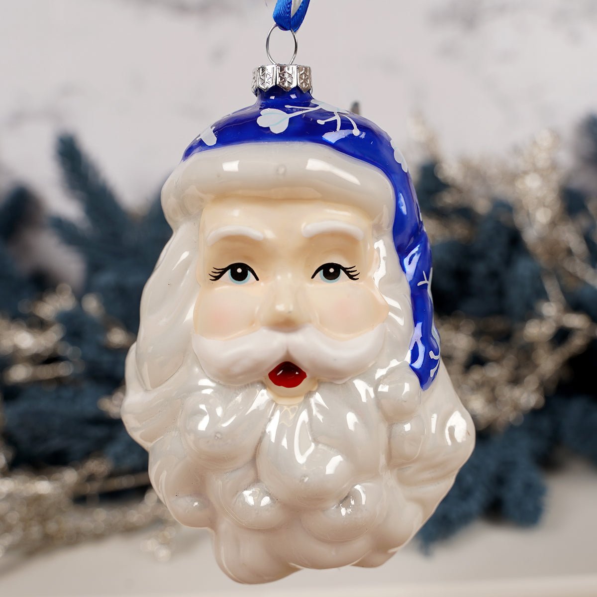 Glass Blue Santa Head Ornament