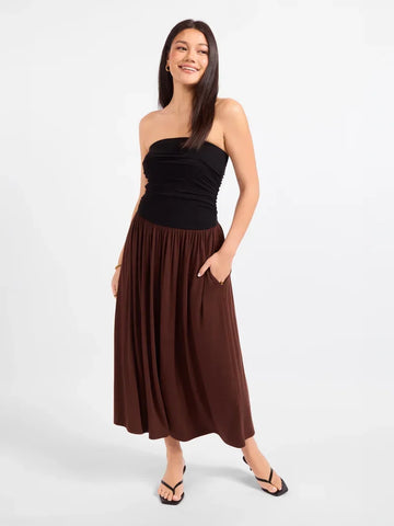 HOT COFFEE STRAPLESS MIDI DRESS