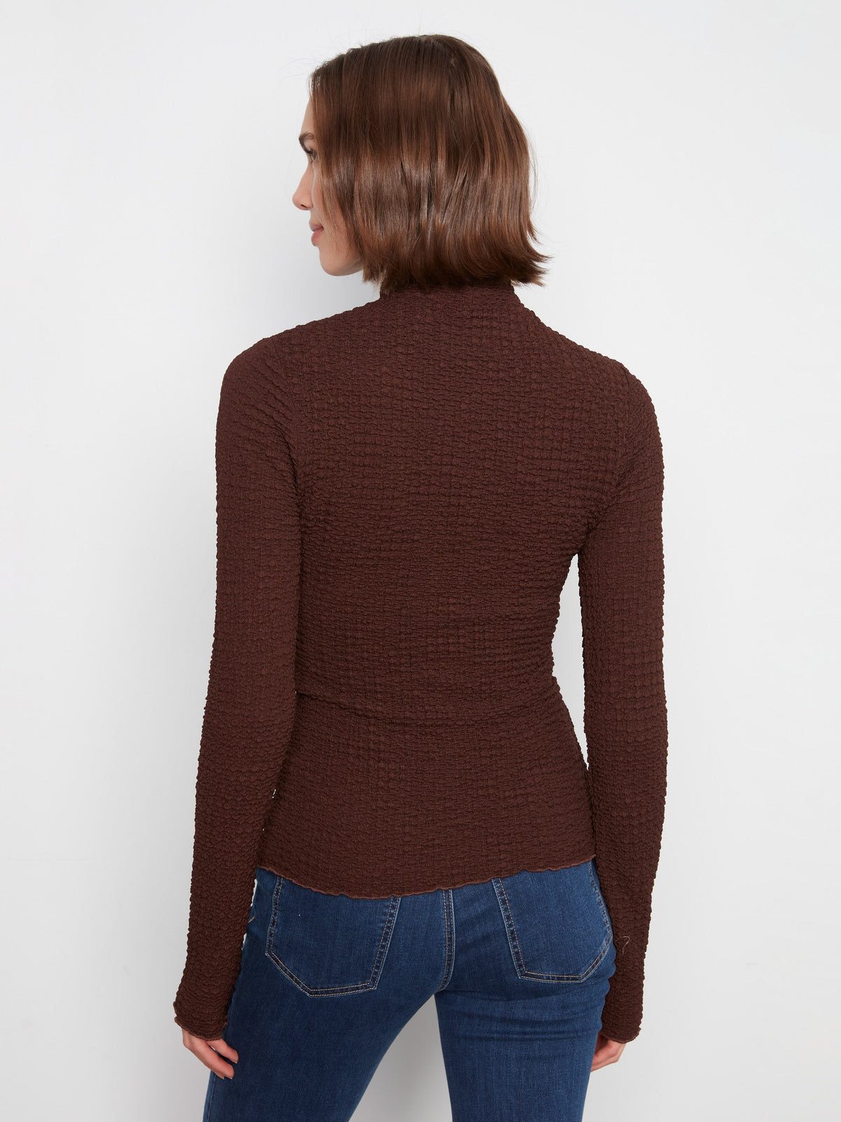 Bubble Knit Mock Neck Top - Coffee