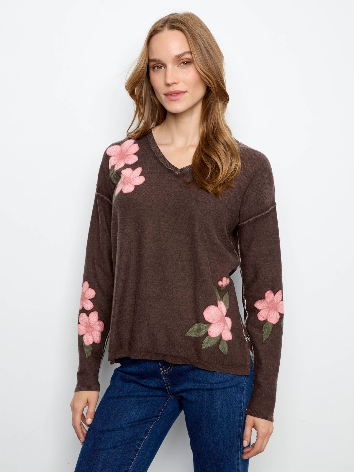Reversible Floral V-Neck Sweater - Coffee
