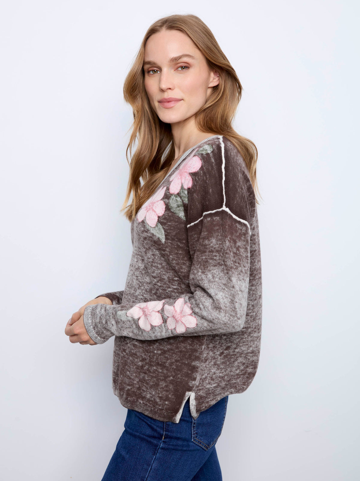 Reversible Floral V-Neck Sweater - Coffee