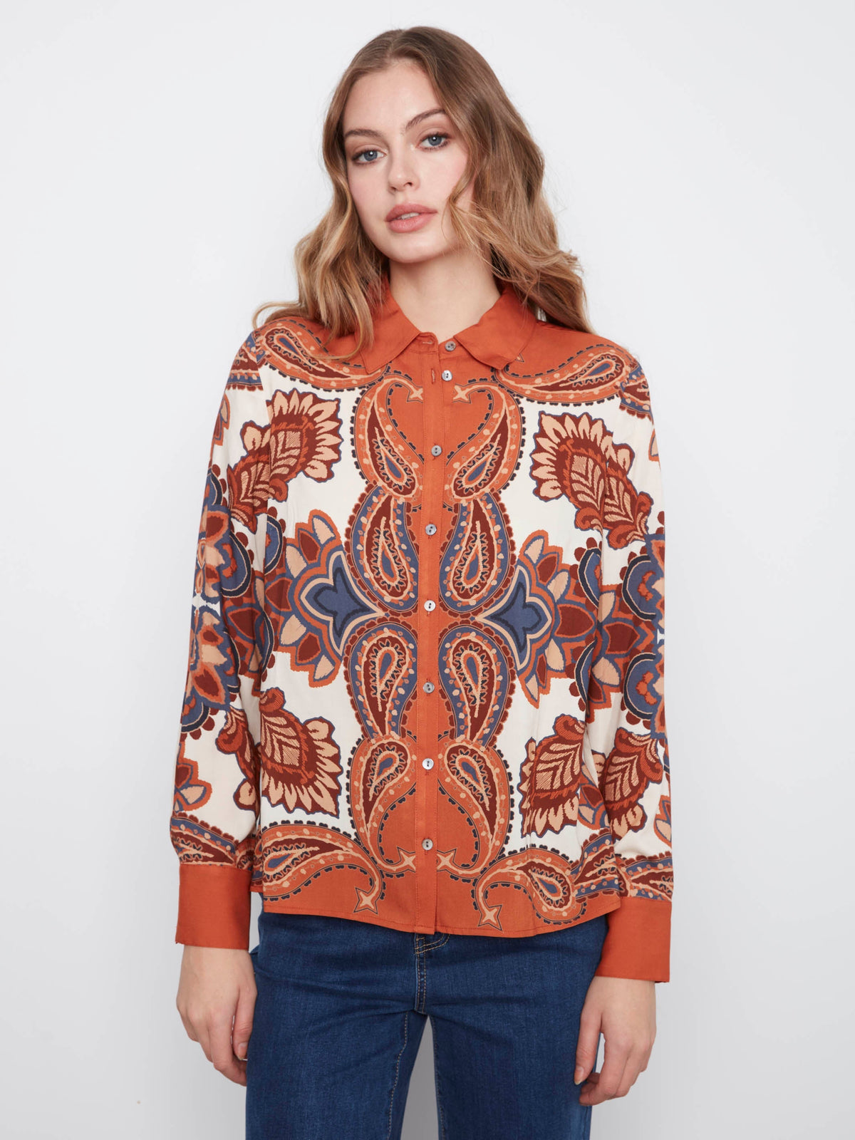 Button-Front Printed Shirt - Boteh