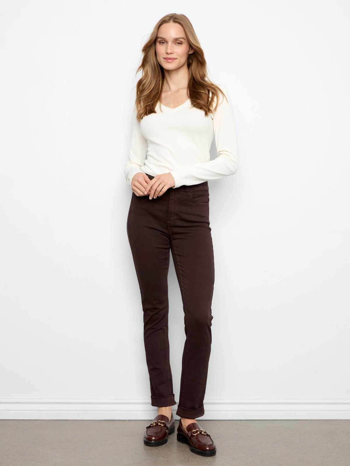 Cuffed Hem Twill Jeans - Coffee