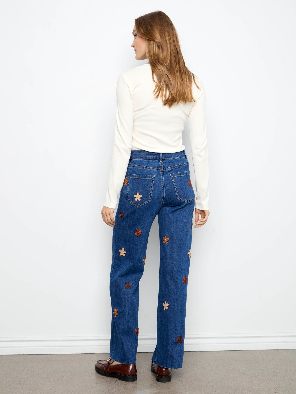Wide Leg Jeans With Suede Flower Patches - Indigo