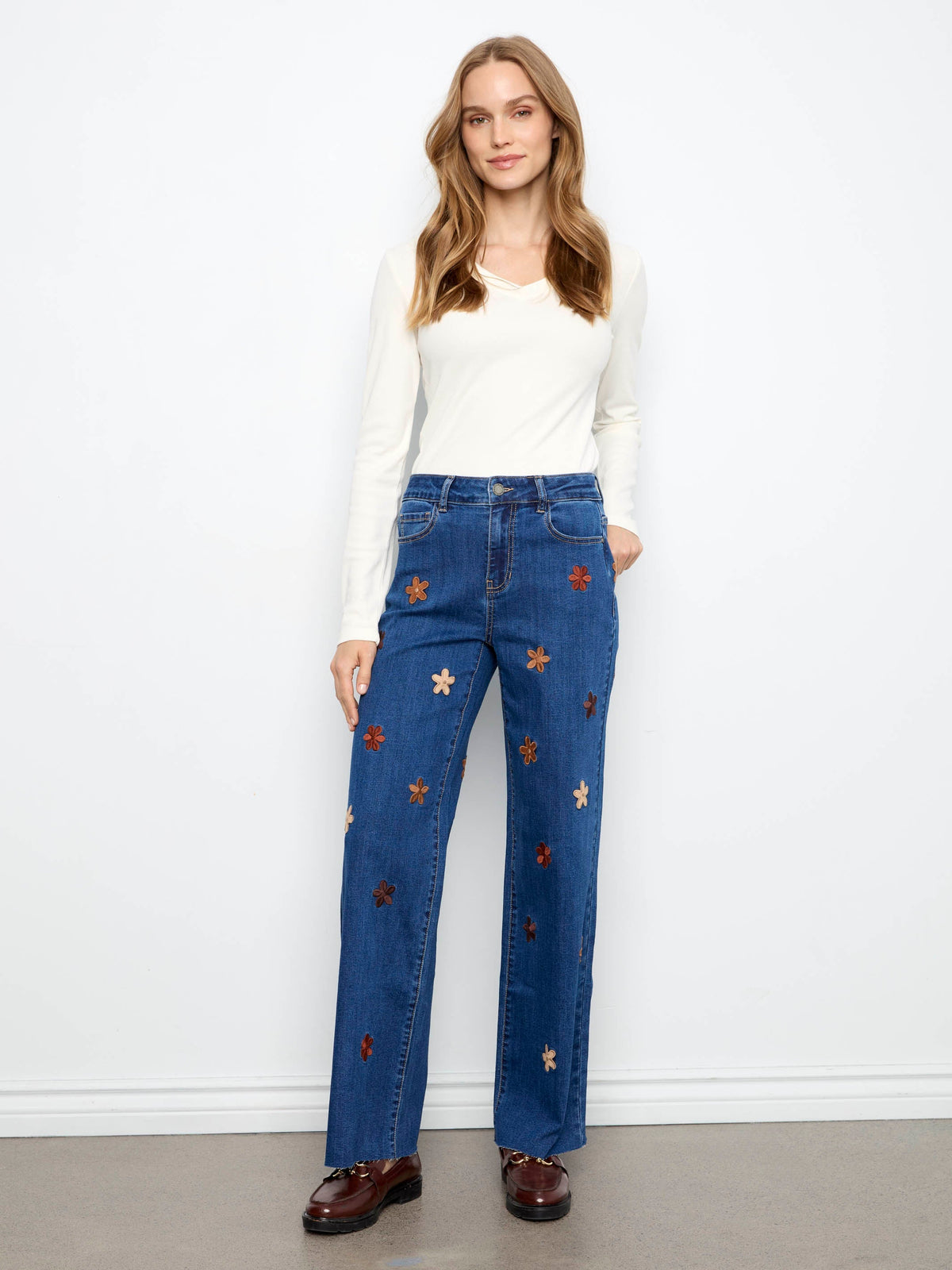 Wide Leg Jeans With Suede Flower Patches - Indigo