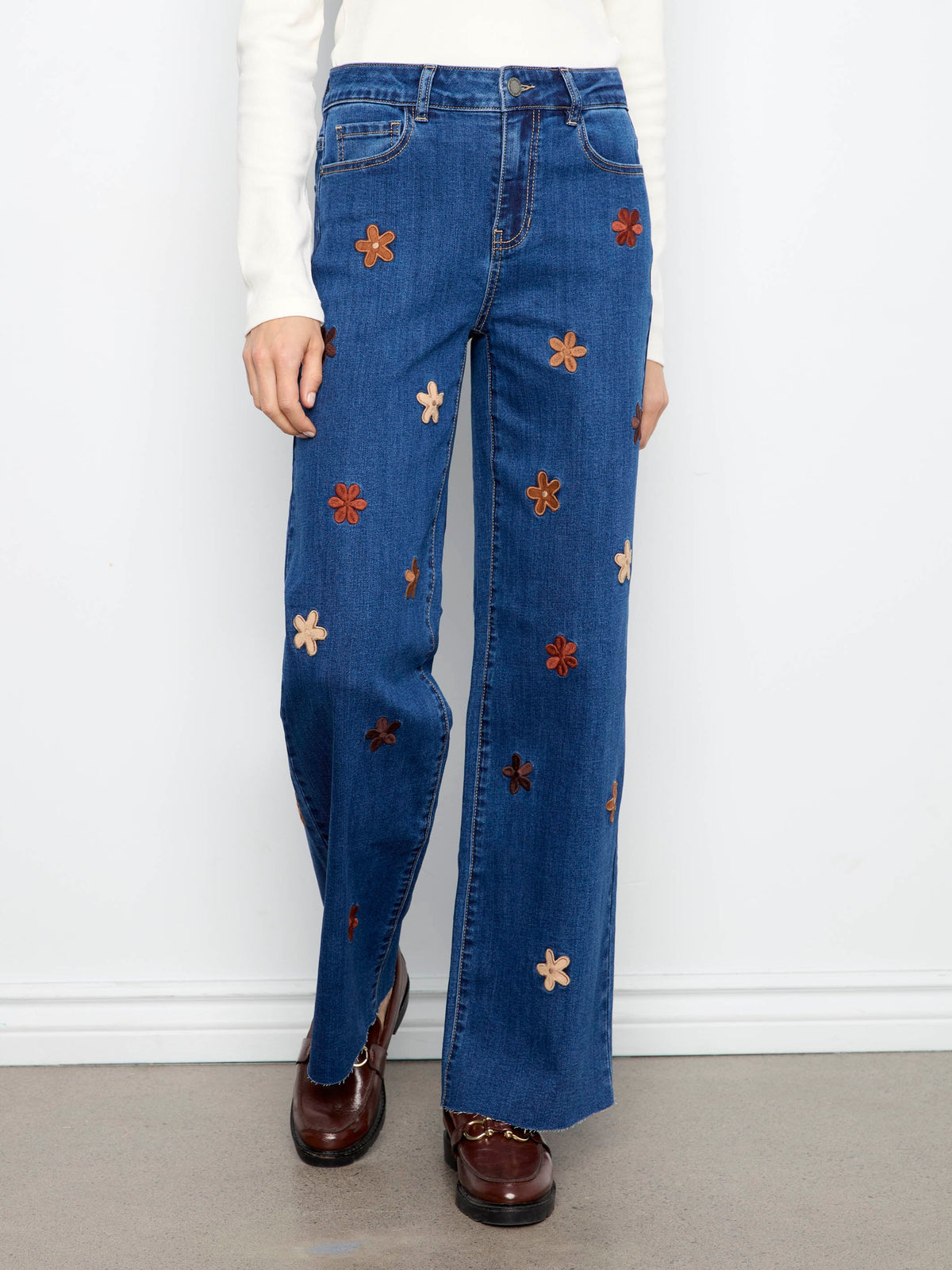 Wide Leg Jeans With Suede Flower Patches - Indigo