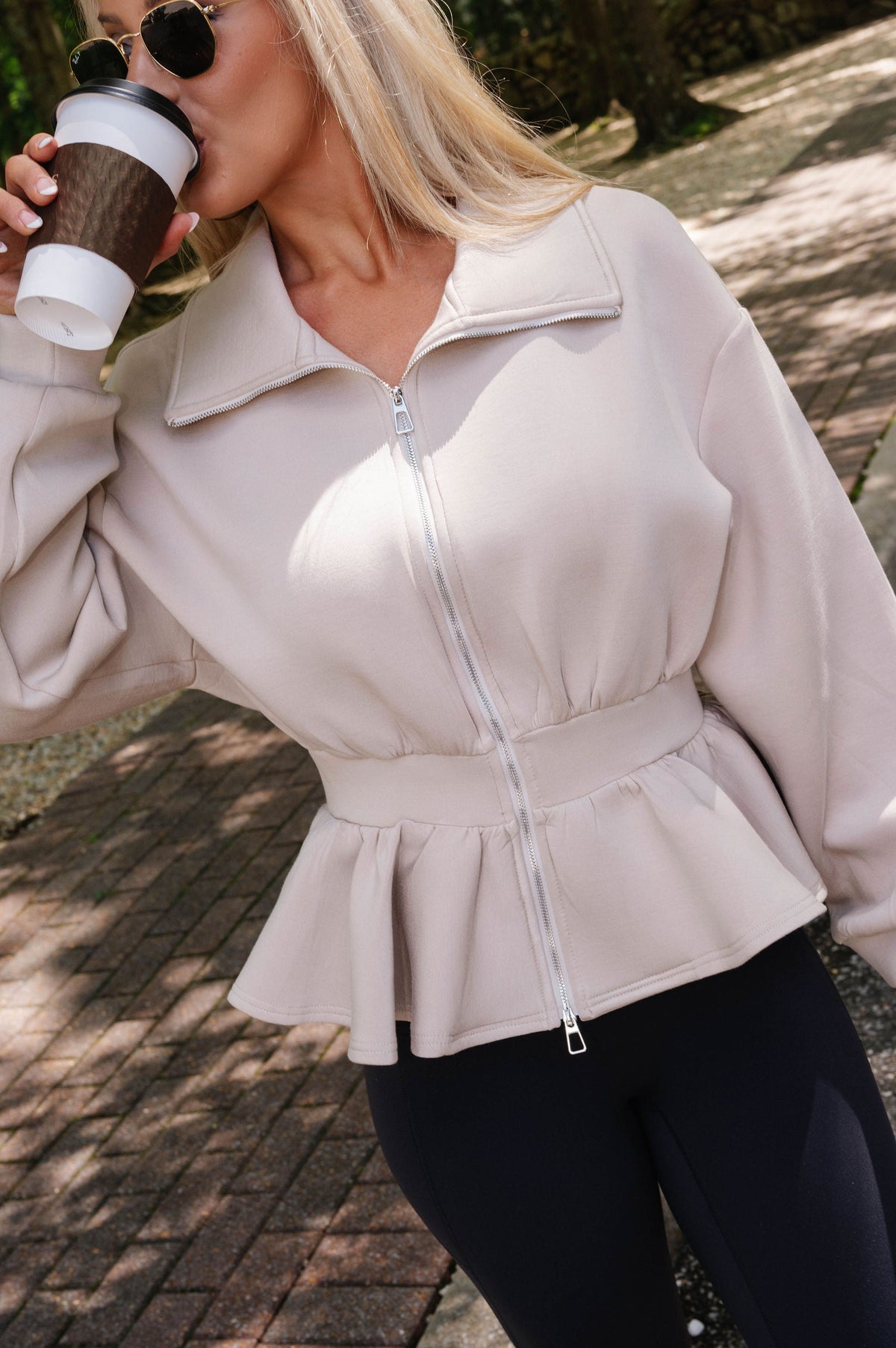 Natalie Peplum Scuba Jacket-Taupe