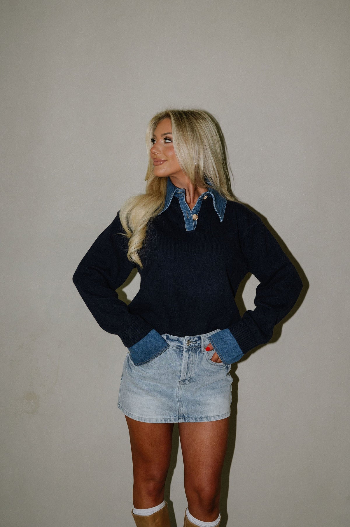 Denim Knit Top-Navy