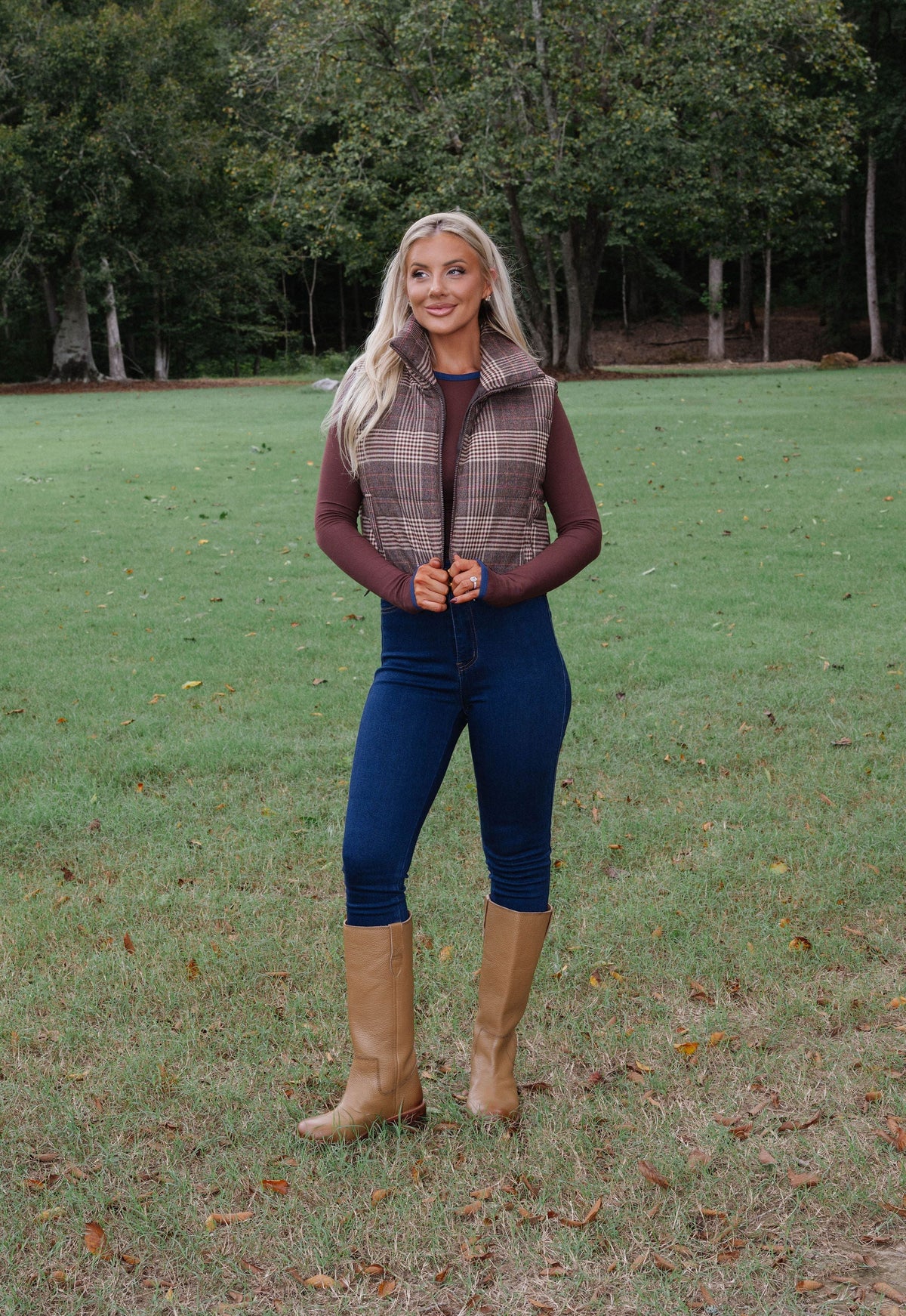 Ruby Plaid Puffer Vest-Brown