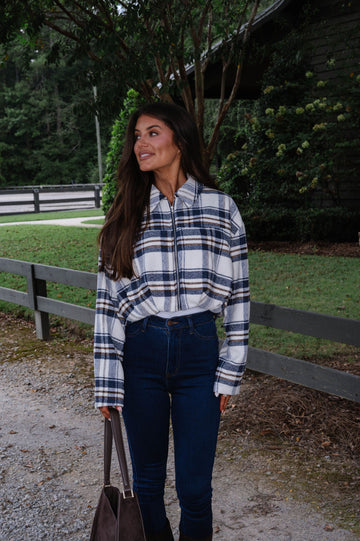 Darcy Flannel Pleated Cropped Jacket-Navy
