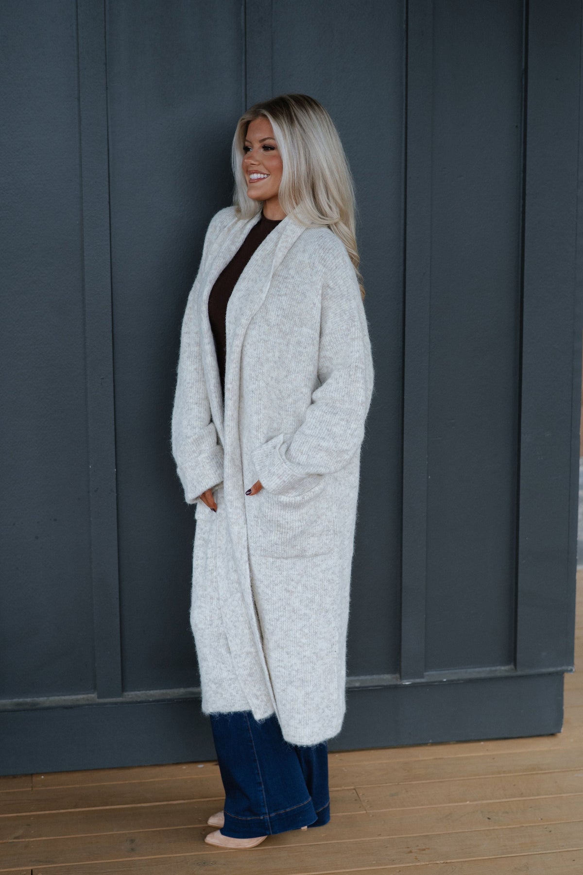 Shawl Collar Open Cardigan-Light Taupe