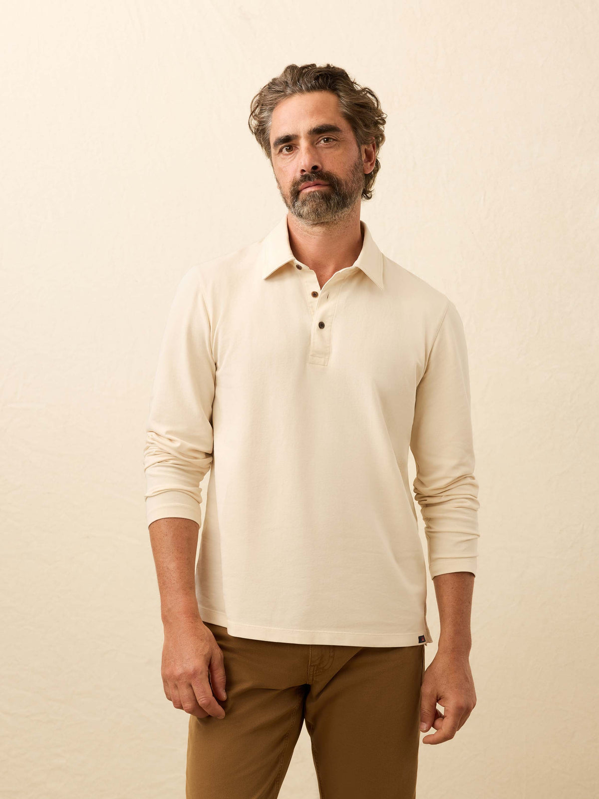 Long-Sleeve Twill Knit Polo - Coastal Cream