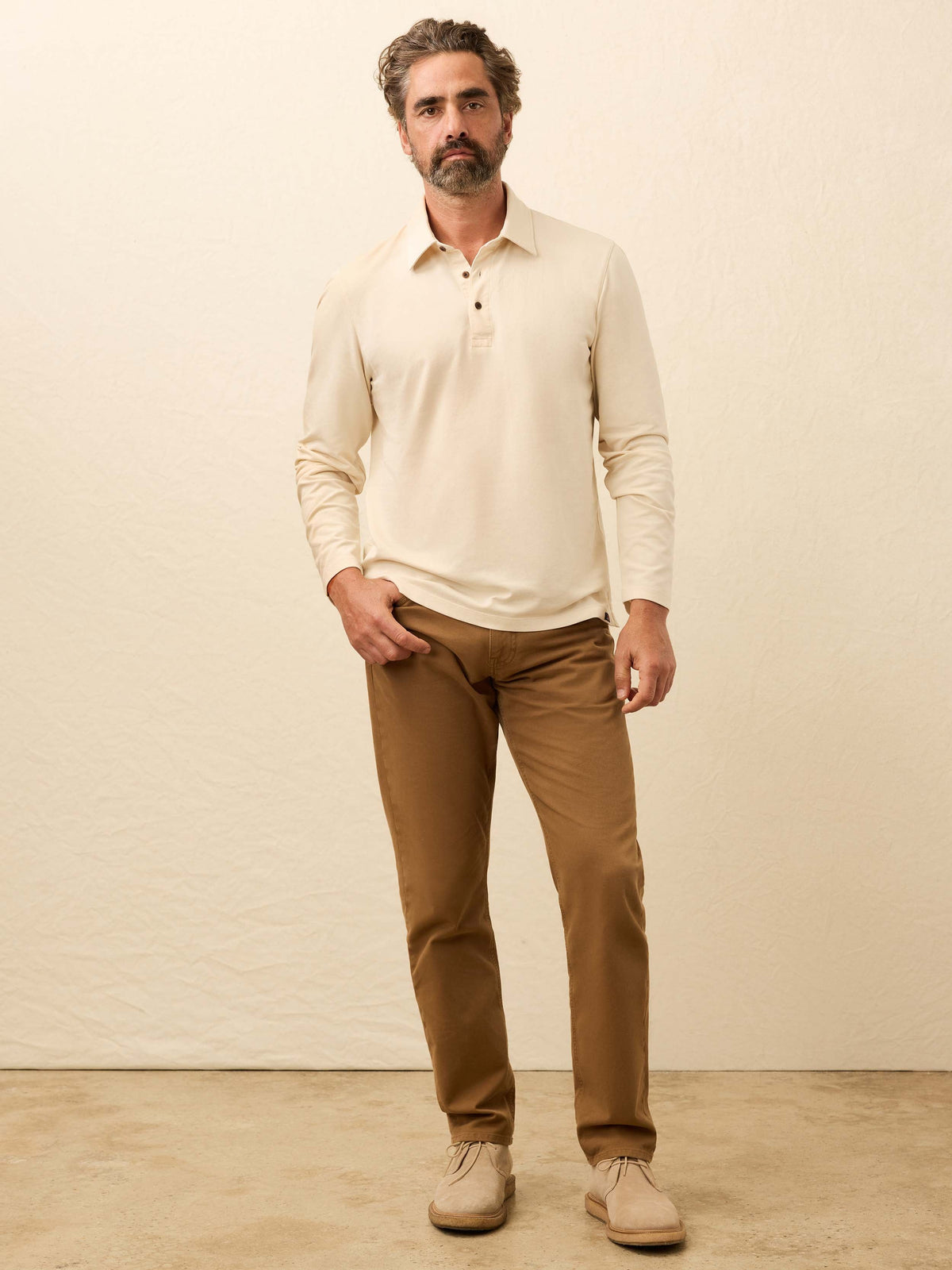 Long-Sleeve Twill Knit Polo - Coastal Cream