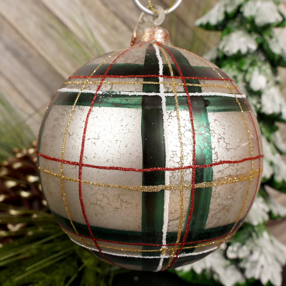 Red Green Gold Plaid Ball Ornament