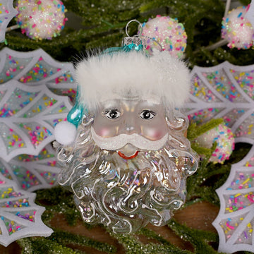 Glass Turquoise Hat Santa Ornament