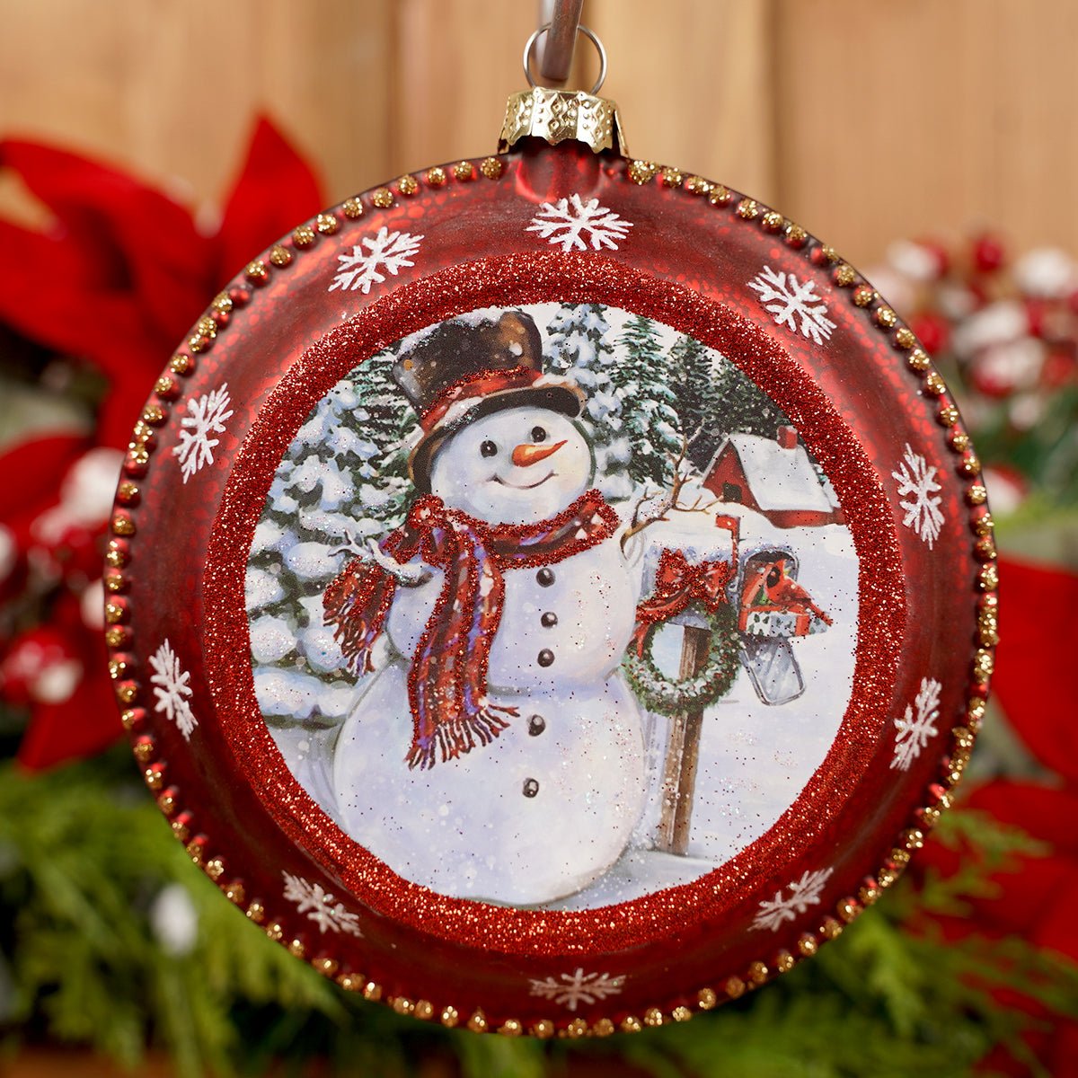 Glass Red Snowman Disc Ornament