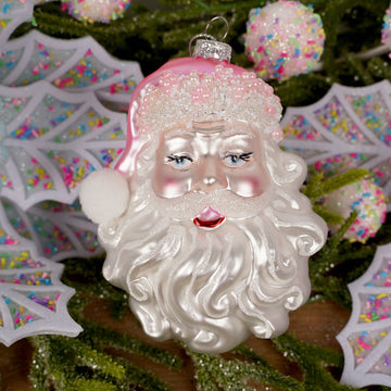 Glass Pink Hat Santa Head Ornament