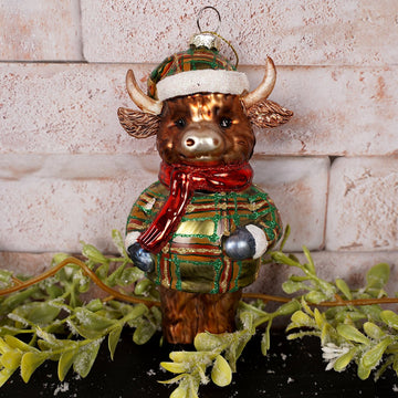 Plaid Glass Cow Christmas Ornament