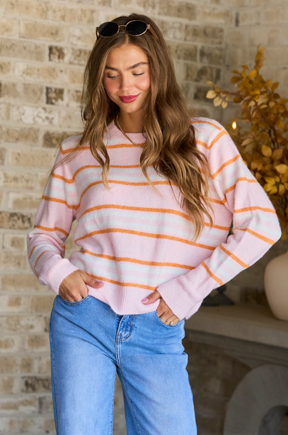 Color Me Cozy Pink Orange Striped Crew Neck Sweater