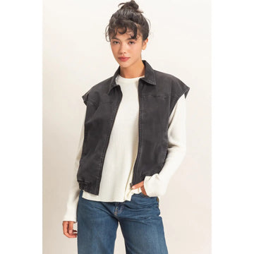 MINERAL WASH SLEEVELESS ZIP-UP COLLAR VEST