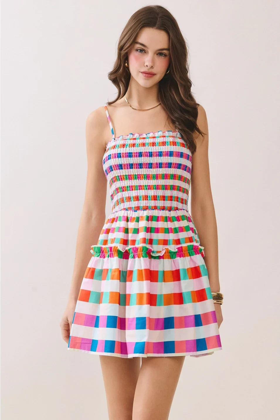 MULTI COLOR CHECKERED SMOCKED BODICE MINI DRESS