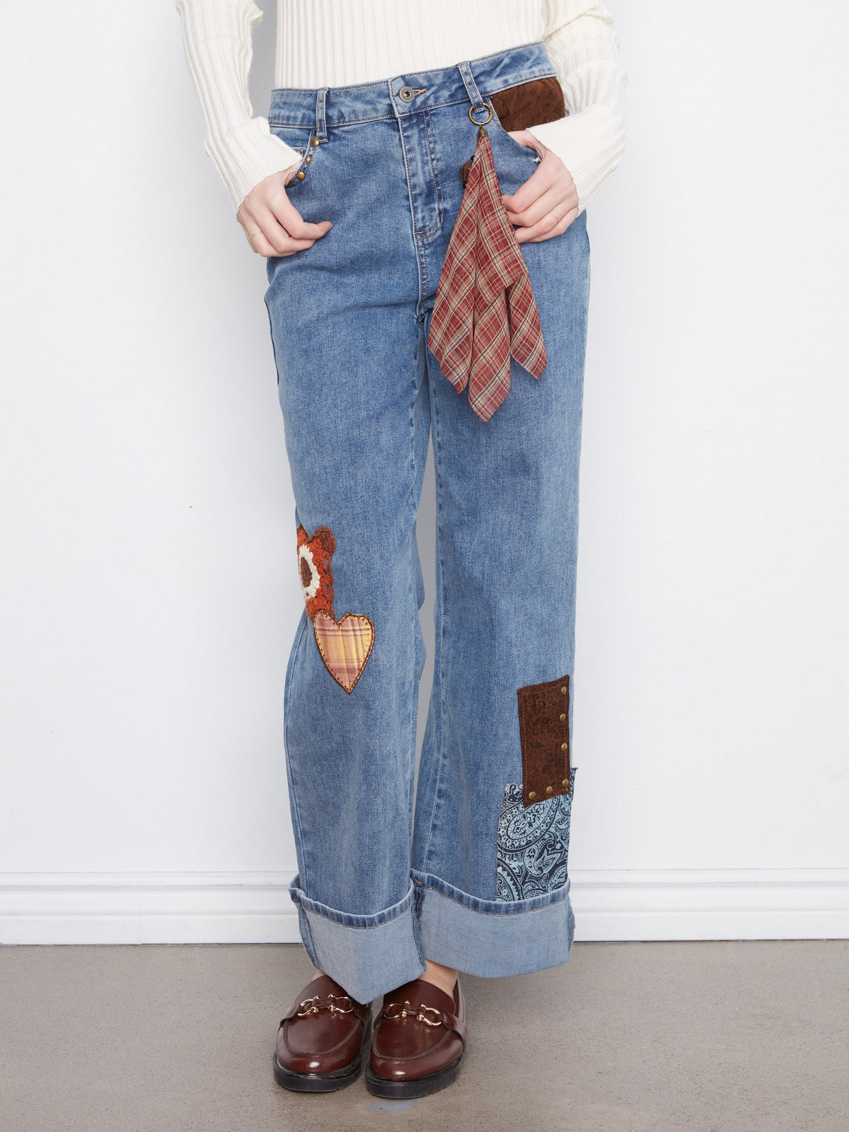 Cuffed Straight Leg Patchwork Jeans - Medium Blue