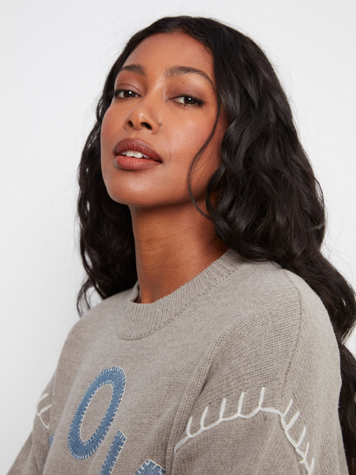 Love Denim Patch Sweater - Heather Grey