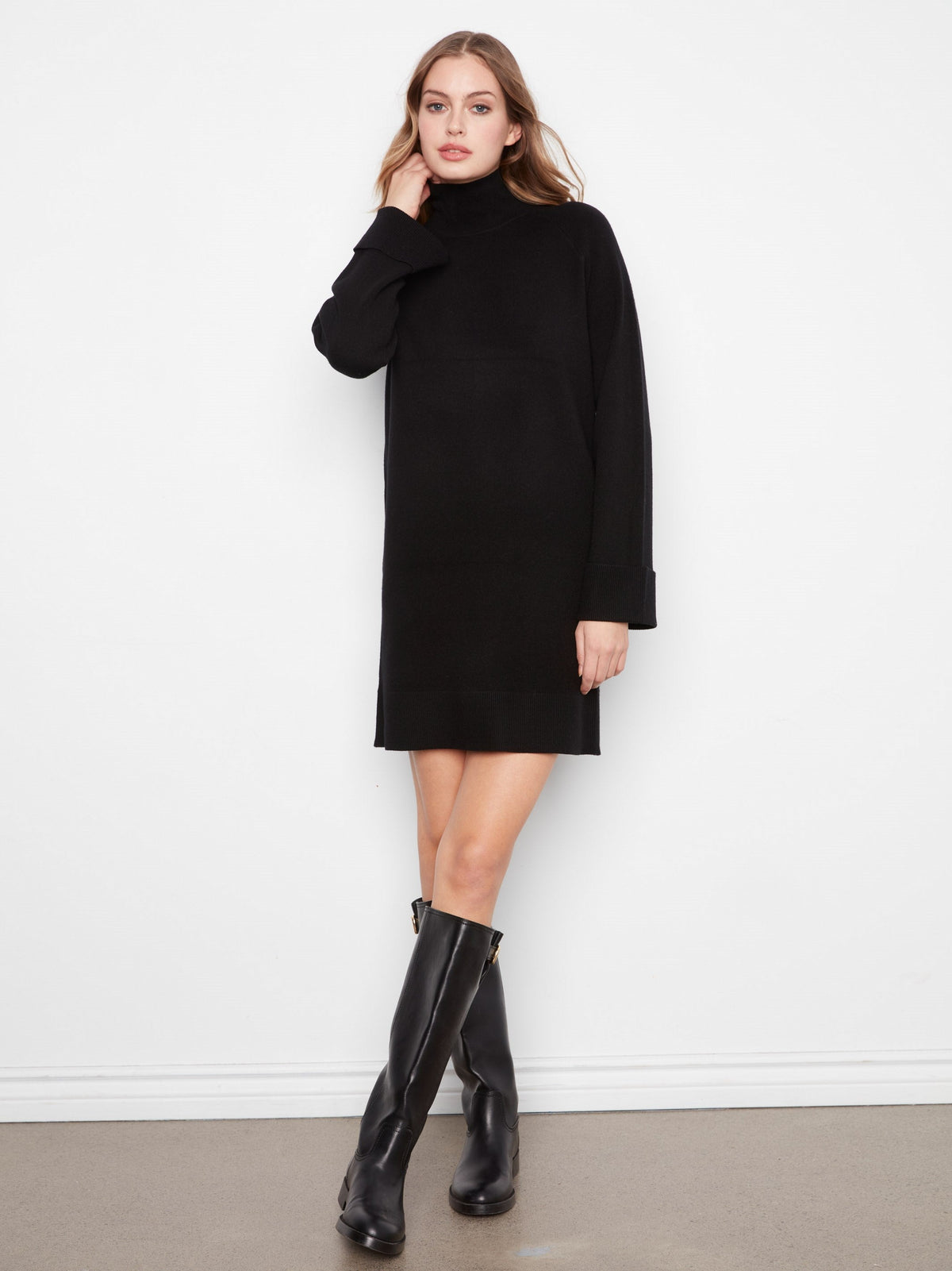 Mock Neck Sweater Dress - Black