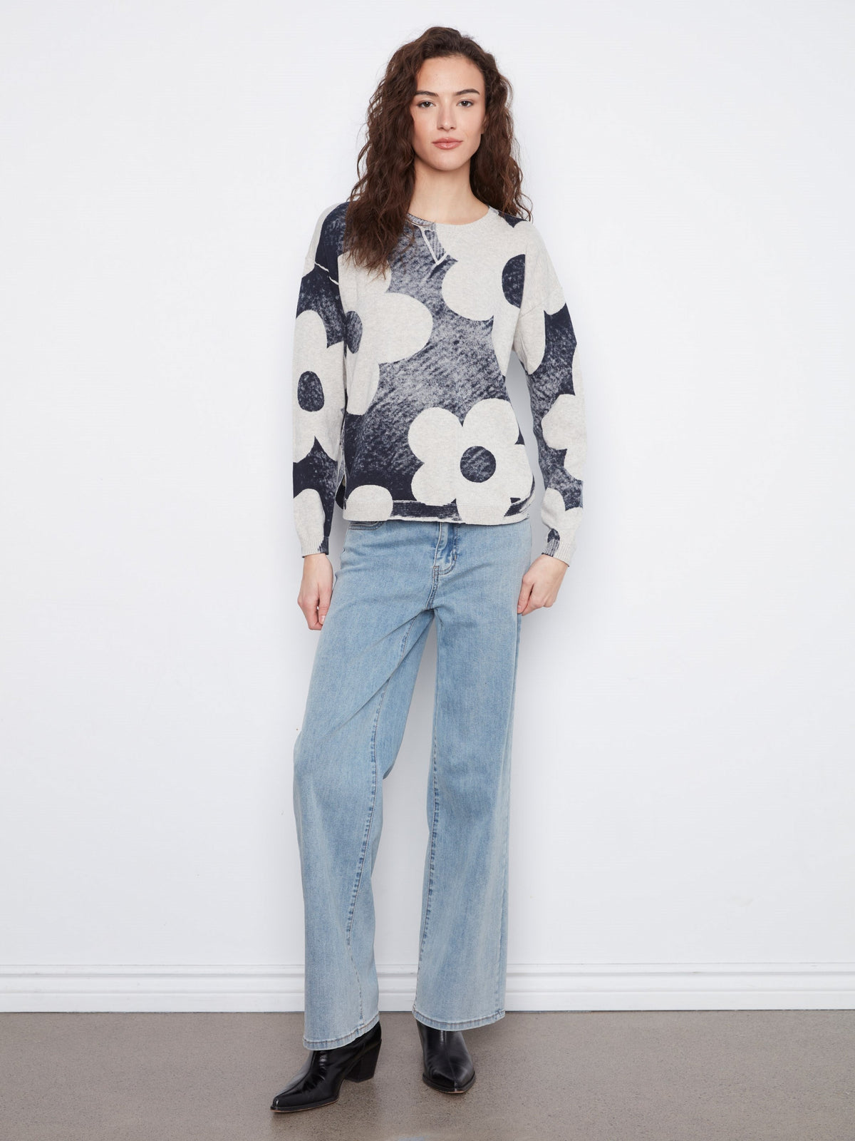 Printed Cotton Crew Neck Sweater - Navy
