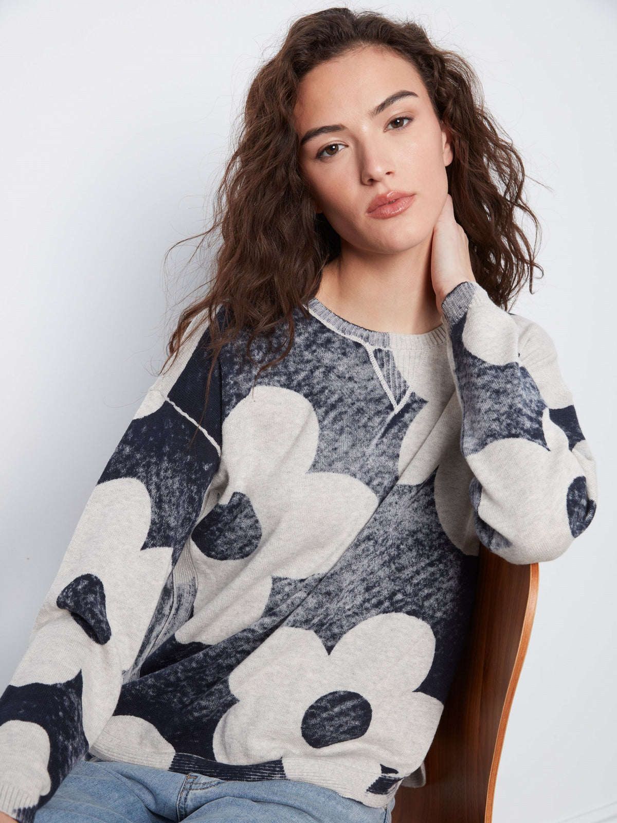 Printed Cotton Crew Neck Sweater - Navy