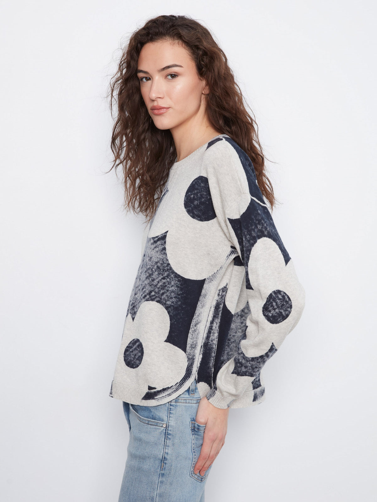 Printed Cotton Crew Neck Sweater - Navy