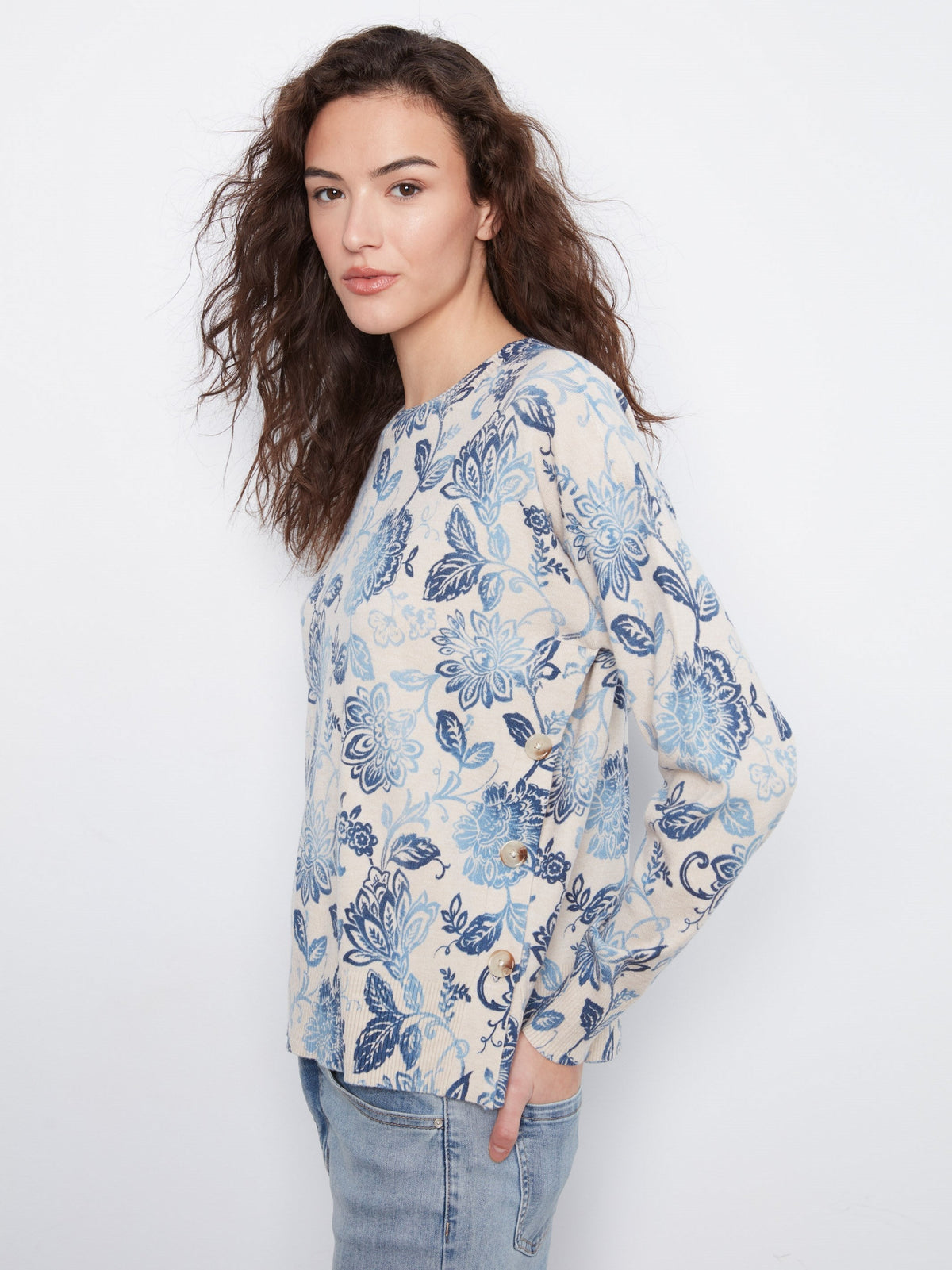 Printed Sweater With Side Buttons - Velora