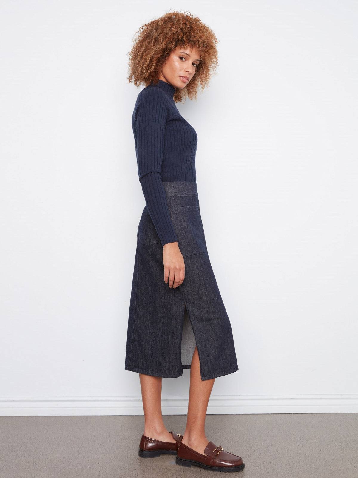 Pull-On Stretch Denim Midi Skirt - Deep Blue