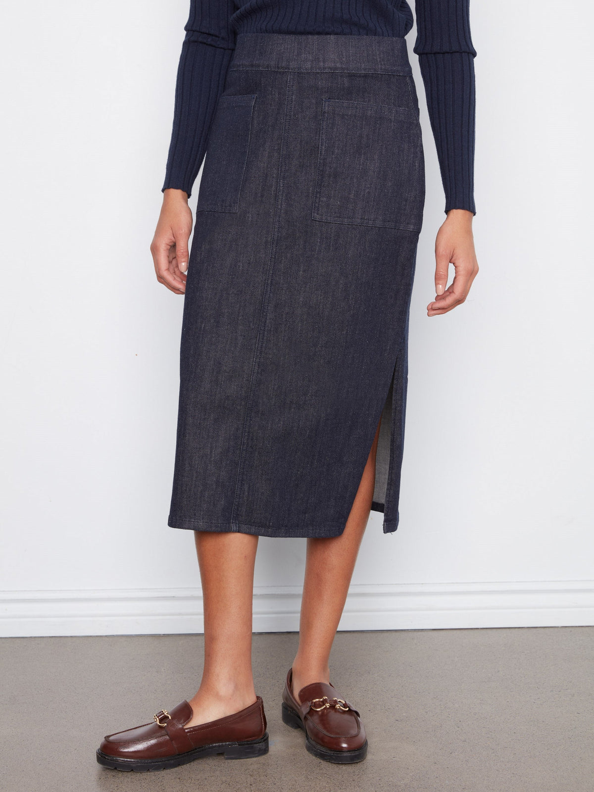 Pull-On Stretch Denim Midi Skirt - Deep Blue