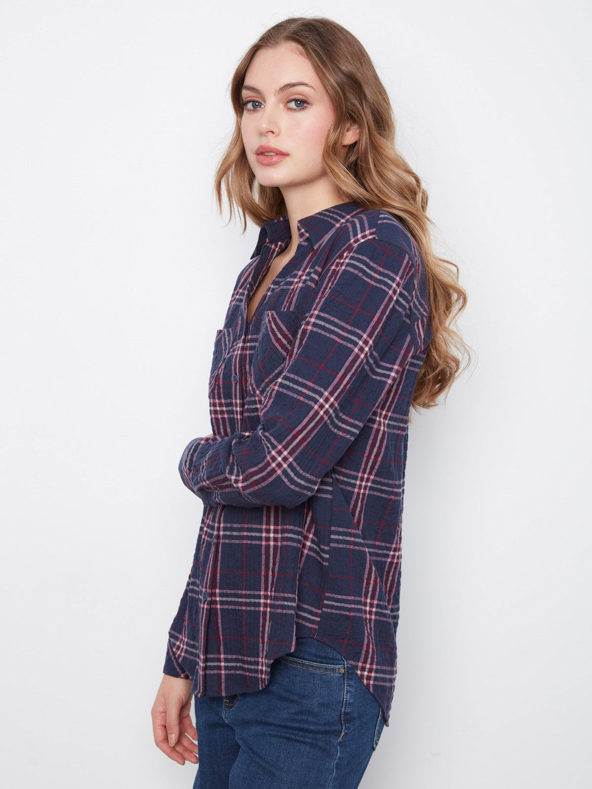 Soft Plaid Button-Front Blouse - Midnight