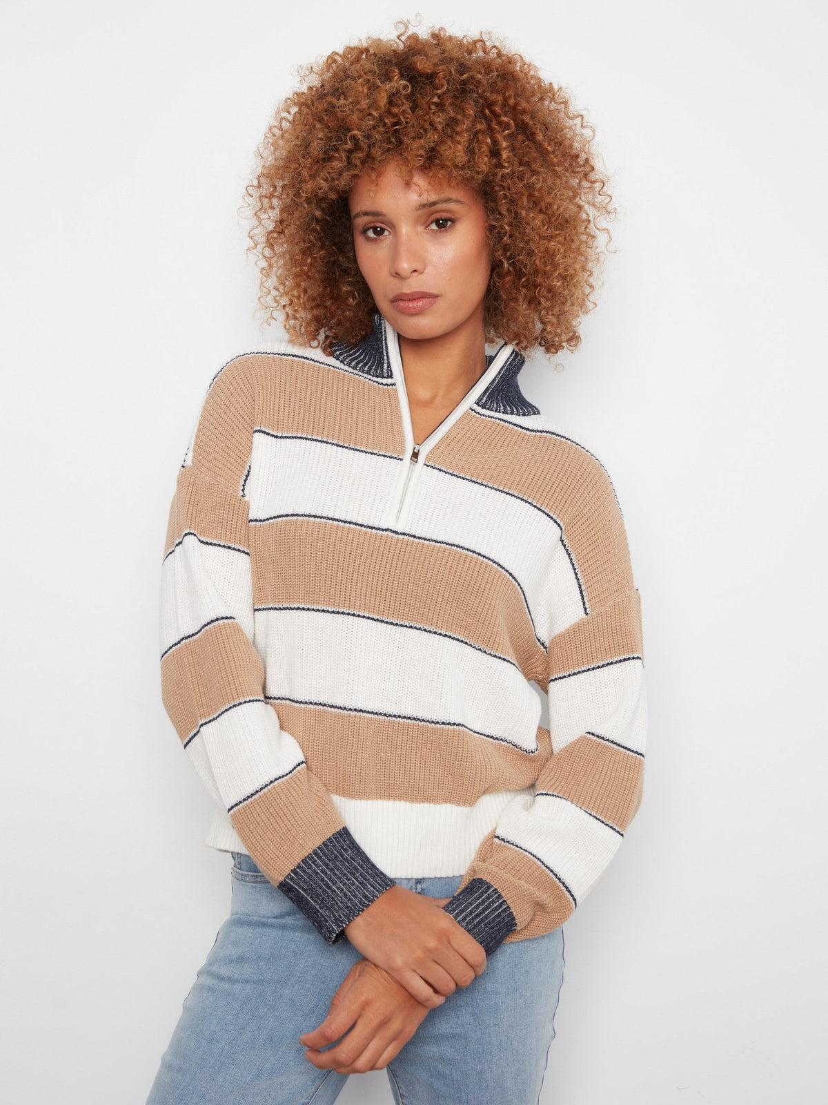 Striped Half-Zip Sweater - Camel