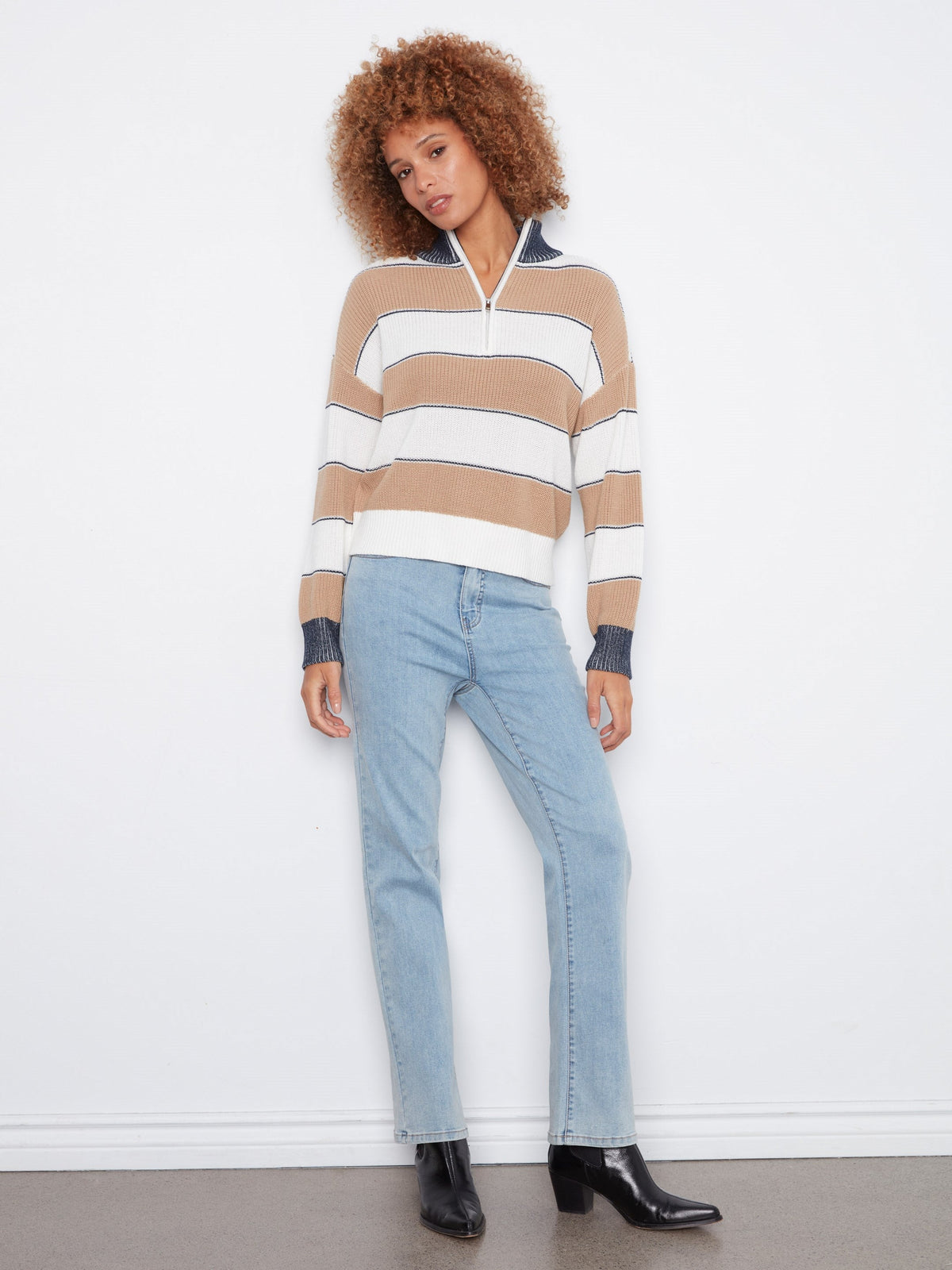 Striped Half-Zip Sweater - Camel