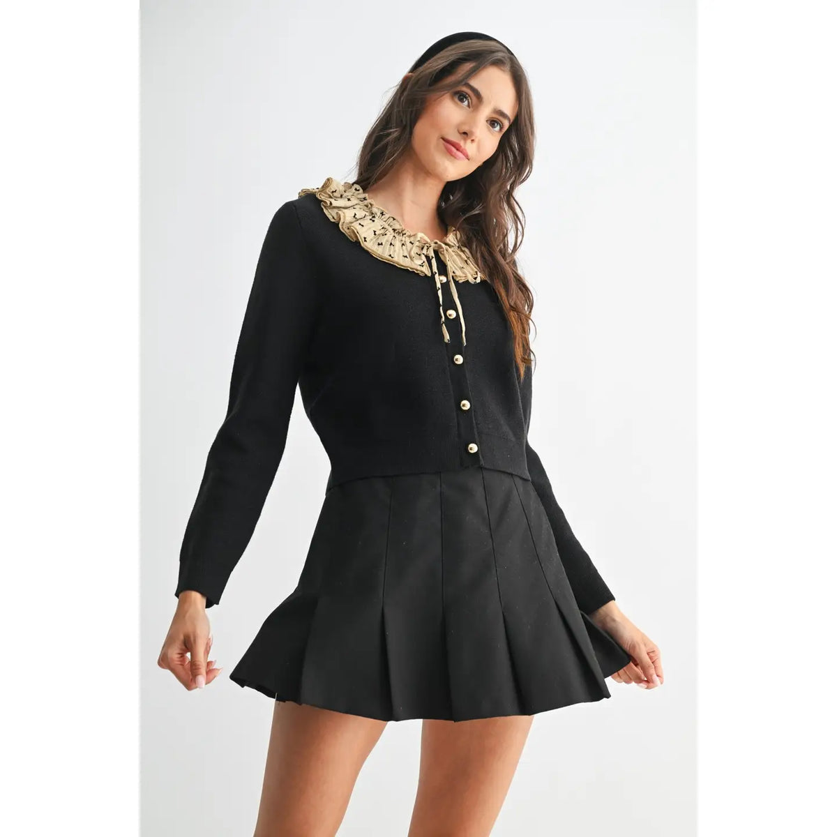 BUTTON-DOWN CARDIGAN WITH RUFFLED COLLAR
