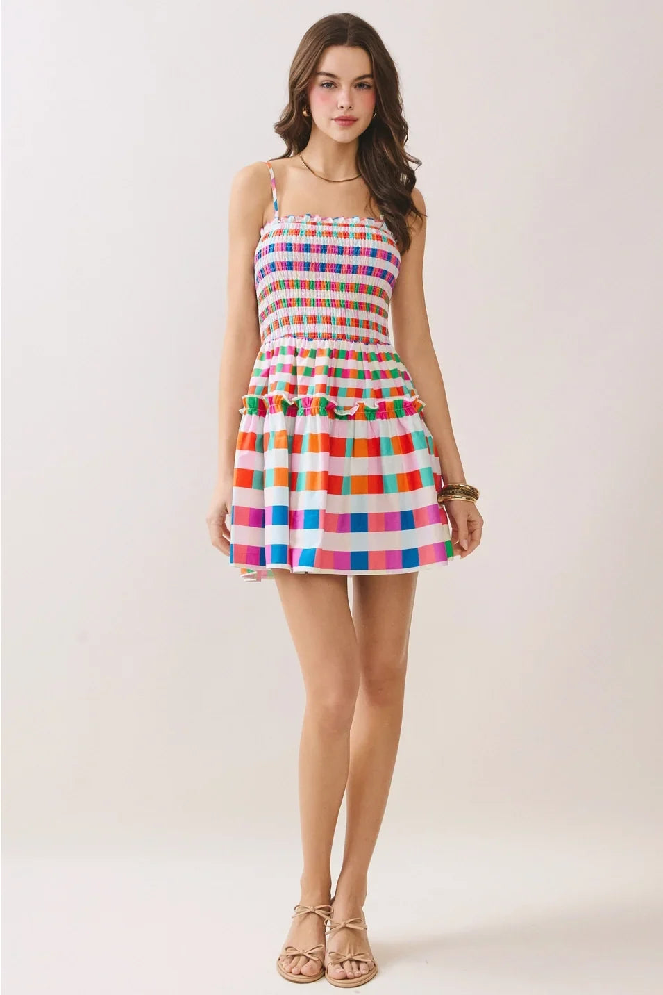 MULTI COLOR CHECKERED SMOCKED BODICE MINI DRESS