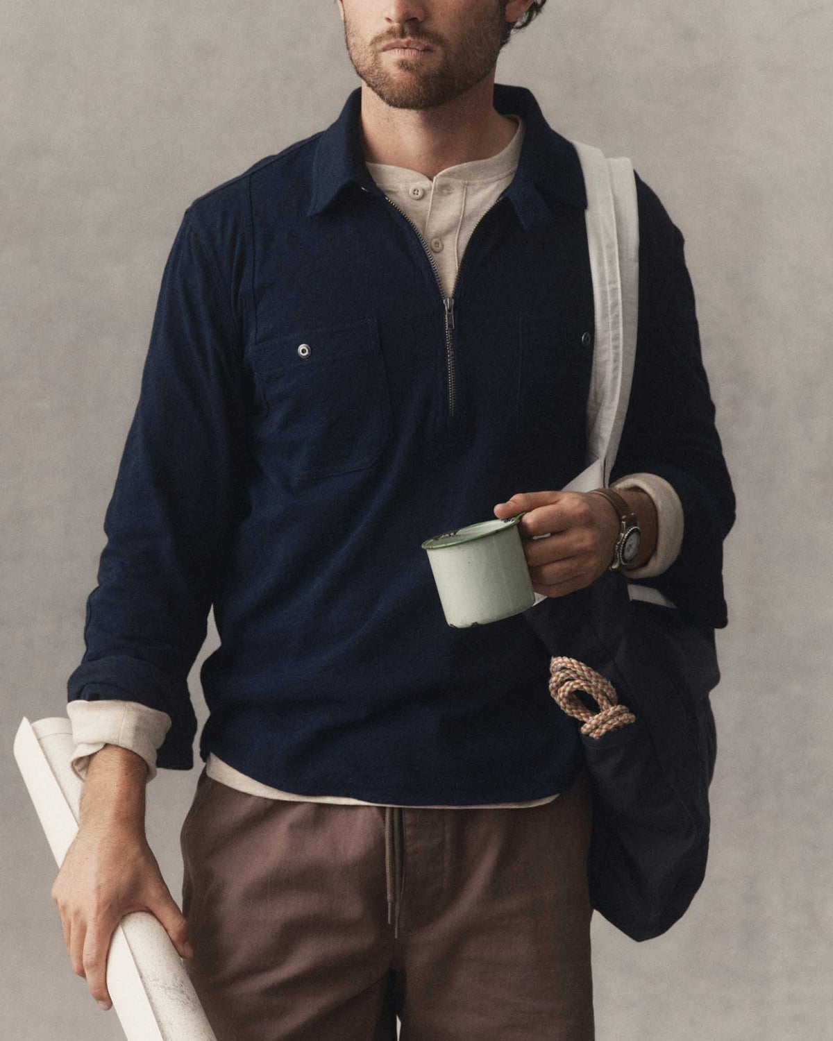The Tiller Half Zip in Rinsed Indigo Slub