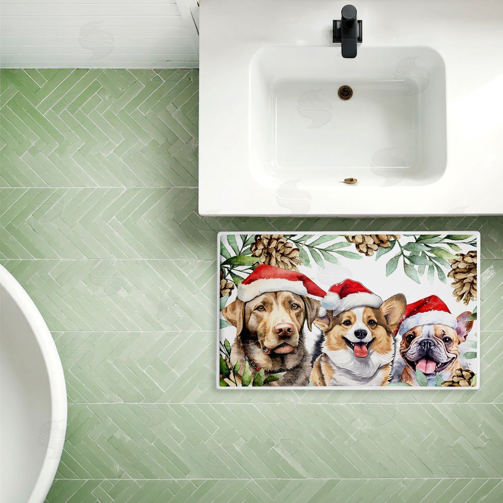 Kim Allen | Three Christmas Hat Dogs Plush Bath Mat