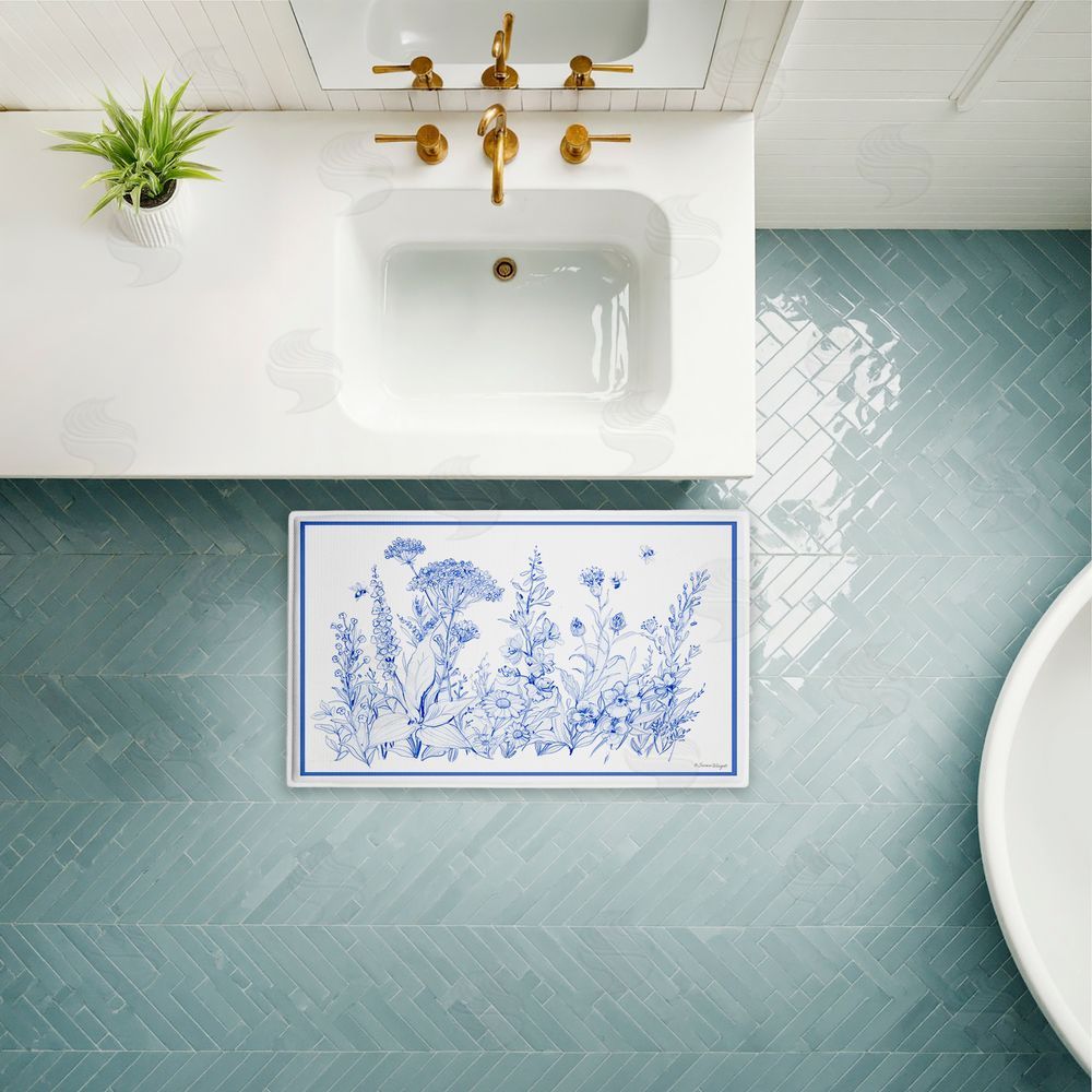 Susan Winget | Blue Toile Flowers Plush Bath Mat