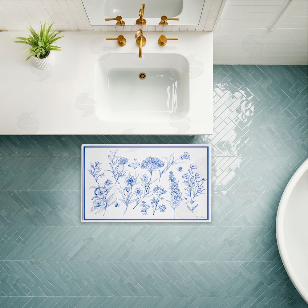 Susan Winget | Single Blue Flower Sprigs Plush Bath Mat