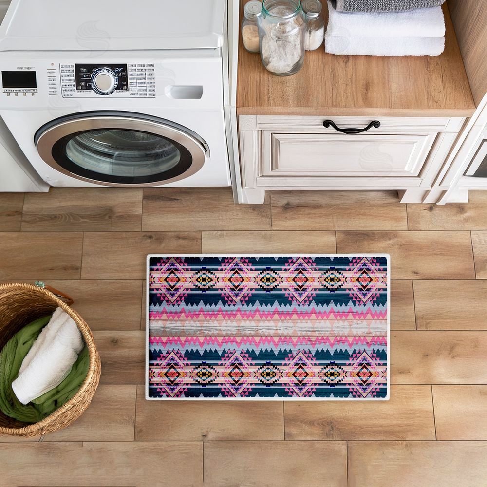 Jennifer Ellory | Boho Geometric Pink & Blue Plush Bath Mat