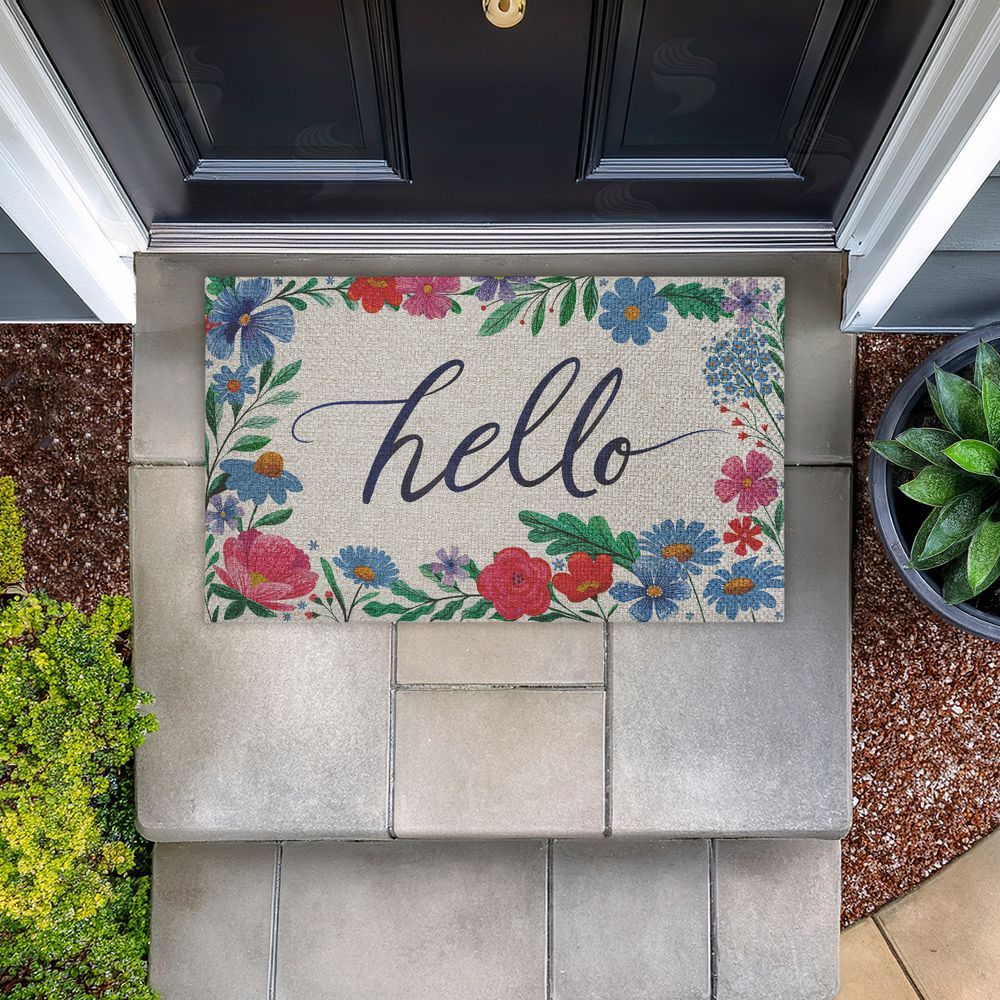 Arrolynn Weiderhold | Hello Cursive & Floral Border Faux Sisal Door Mat