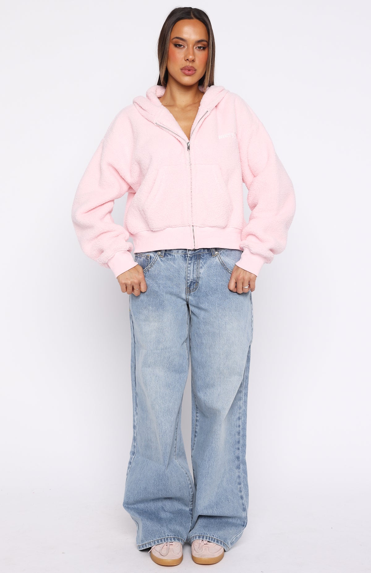 Always First Teddy Borg Boxy Zip Front Hoodie Pink